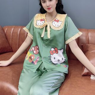 Đồ bộ nữ pijama Satin in kitty ILOVEYOU dài cộc