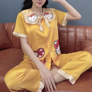 Đồ bộ nữ pijama Satin in kitty ILOVEYOU dài cộc