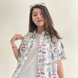 Sơ mi cặp đôi hoạ tiết mặt cười form rộng unisex