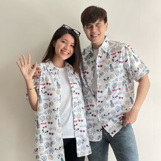 Sơ mi cặp đôi hoạ tiết mặt cười form rộng unisex