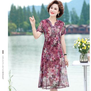 Đầm voan trung niên nữ cao cấp, thiết kế kiểu cổ độc đáo, hoạ tiết sang trọng NV0693