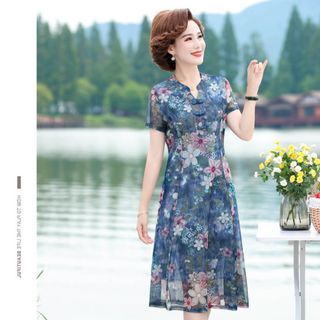 Đầm voan trung niên nữ cao cấp, thiết kế kiểu cổ độc đáo, hoạ tiết sang trọng NV0693