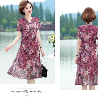 Đầm voan trung niên nữ cao cấp, thiết kế kiểu cổ độc đáo, hoạ tiết sang trọng NV0693