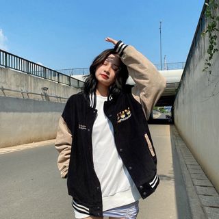 Áo khoác nhung kiểu bomber logo chú ông đẹp