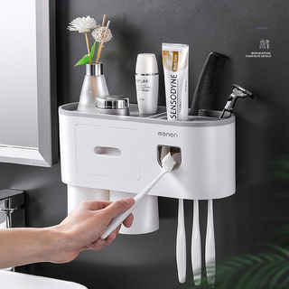 Kệ để bàn chải đánh răng và nhả kem đánh răng tự động kèm 2 cốc