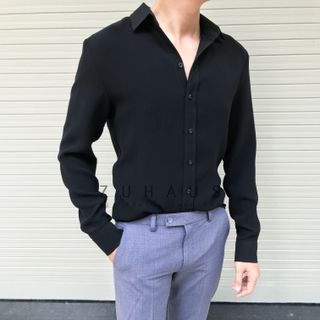 Áo sơ mi nam form fit đen vải nhập Hàn Quốc không nhăn (Hàng thiết kế - Zuhaus)