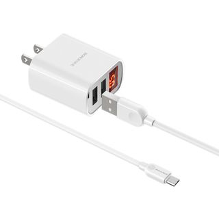 Bộ cóc cáp sạc BA58 Borofone - 2 cổng sạc USB, có màn LCD hiển thị sạc - cổng Micro chuẩn US