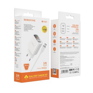 Bộ cóc cáp sạc BA58A Borofone - 2 cổng sạc USB, có màn LCD hiển thị sạc - cổng Micro chuẩn EU