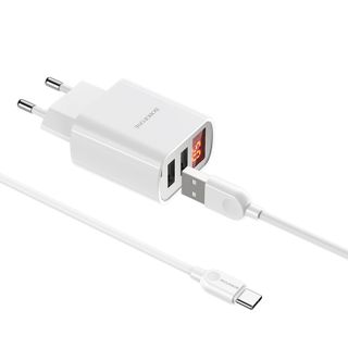 Bộ cóc cáp sạc BA58A Borofone - 2 cổng sạc USB, có màn LCD hiển thị sạc - cổng Type C chuẩn EU