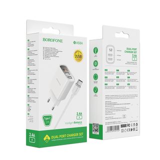 Bộ cóc cáp sạc BA58A Borofone - 2 cổng sạc USB, có màn LCD hiển thị sạc - cổng Type C chuẩn EU