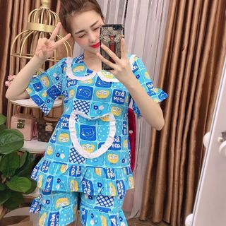 Bộ tiểu thư mặc nhà chất lụa sattin mềm mịn áo 2 tay lỡ quần đùi họa tiết dễ thương