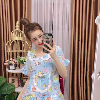 Bộ tiểu thư mặc nhà chất lụa sattin mềm mịn áo 2 tay lỡ quần đùi họa tiết dễ thương