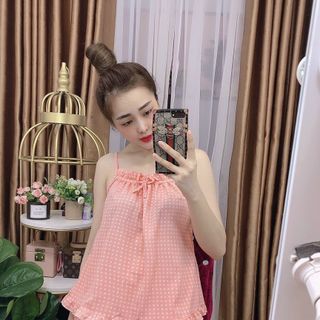 Bộ tiểu thư mặc nhà chất lụa sattin mềm mịn áo 2 dây quần đùi họa tiết caro dễ thương