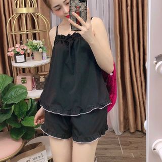 Bộ tiểu thư mặc nhà chất lụa sattin mềm mịn áo 2 dây quần đùi họa tiết trơn dễ thương