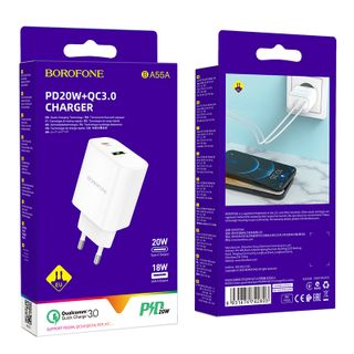 Cóc Sạc Nhanh BA55A PD3.0 18W Borofone - 1 Cổng Sạc USB, 1 Cổng Sạc Type-C chuẩn EU