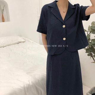 Set áo vest cộc tay váy dài