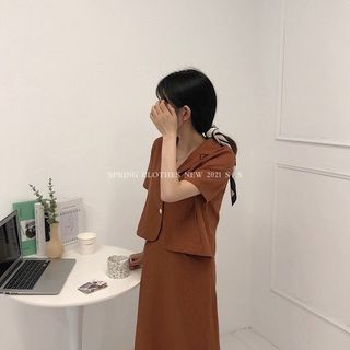 Set áo vest cộc tay váy dài