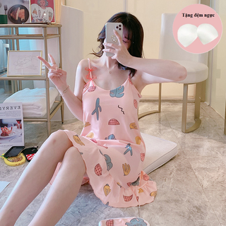 Váy ngủ 2 dây đầm ngủ 2 dây thun cotton cute mềm mát mặc nhà mùa hè dễ thương giá rẻ V2D01