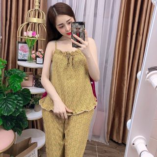 Sét đồ bộ mặc nhà chất lụa satin mềm mịn áo 2 dây, quần lửng dễ thương