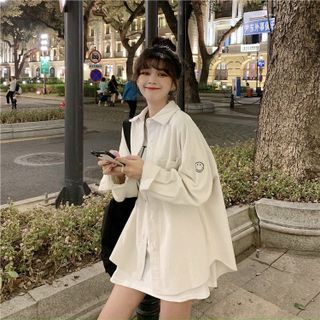 Áo khoác sơ mi nhung tay in mặt cười dễ thương