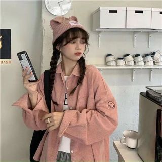 Áo khoác sơ mi nhung tay in mặt cười dễ thương