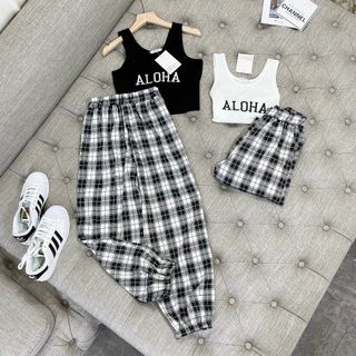 Sét áo 3 lỗ thêu nổi kèm quần bom kẻ thụng cực hot