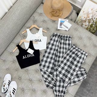 Sét áo 3 lỗ thêu nổi kèm quần bom kẻ thụng cực hot