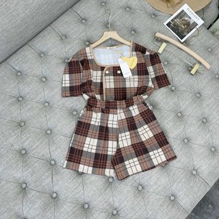 Sét sơ mi kẻ nâu cúc cổ vuông xinh đẹp