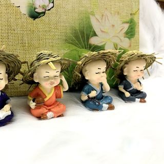 Bộ 4 tượng chú tiểu tứ không đội nón rơm