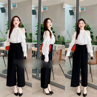 Set áo sơ mi hở vai mix quần ống suông rộng vải tuyết mưa
