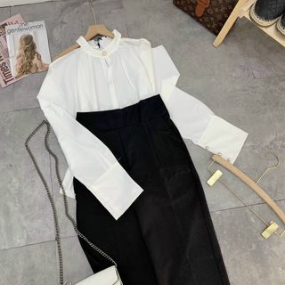 Set áo sơ mi hở vai mix quần ống suông rộng vải tuyết mưa