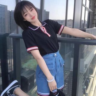 Set áo cổ bẻ kèm chân váy jean cực xinh, hình và video quay thật