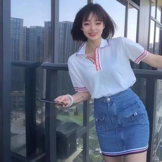 Set áo cổ bẻ kèm chân váy jean cực xinh, hình và video quay thật