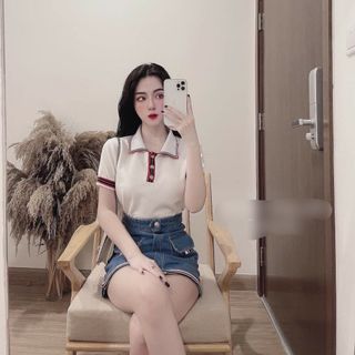 Set áo cổ bẻ kèm chân váy jean cực xinh, hình và video quay thật