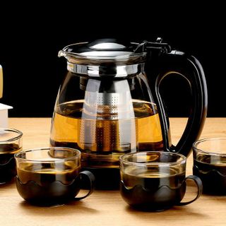 Bộ Ấm Pha Trà Thủy Tinh Kèm 4 Tách Lưới Lọc Inox 304 Không Gỉ, Cốc Pha Trà Kèm 4 Chén Tiện Lợi