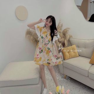 Váy suông hoa cổ tàu xếp ly thân siu hót cập bến, tay bèo phối ren cực xinh