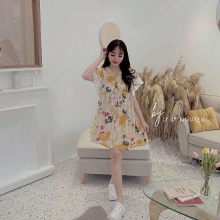 Váy suông hoa cổ tàu xếp ly thân siu hót cập bến, tay bèo phối ren cực xinh
