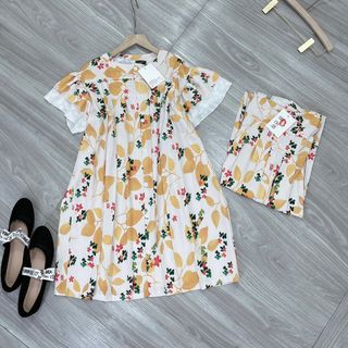 Váy suông hoa cổ tàu xếp ly thân siu hót cập bến, tay bèo phối ren cực xinh