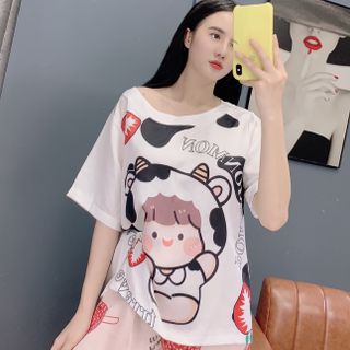 Đồ bộ nữ mặc nhà cổ thuyền in thiết kế Quần Đùi