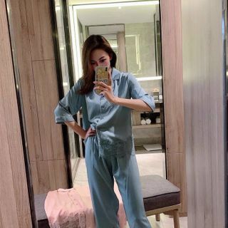 Đồ ngủ pijama tay lỡ quần lửng lụa pha ren hàng QC cao cấp giá sỉ