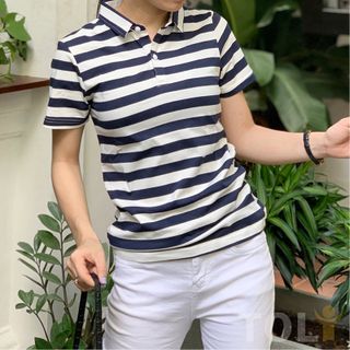 Áo thun cotton nữ cổ trụ Sọc ngang Mực