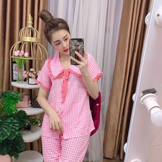 Sét bộ mặc nhà chất poly áo tay lỡ quần lửng họa tiết caro dễ thương, xinh xắn