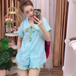 Sét bộ mặc nhà chất poly áo tay lỡ quẫn đùi họa tiết caro dễ thương