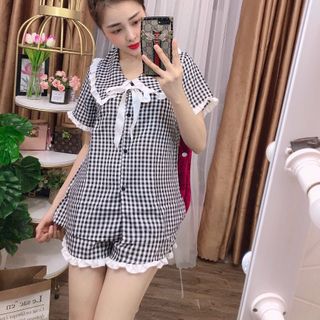 Sét bộ mặc nhà chất poly áo tay lỡ quẫn đùi họa tiết caro dễ thương
