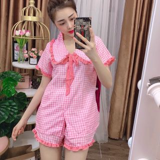 Sét bộ mặc nhà chất poly áo tay lỡ quẫn đùi họa tiết caro dễ thương