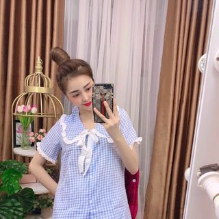 Sét bộ mặc nhà chất poly áo tay lỡ quẫn đùi họa tiết caro dễ thương