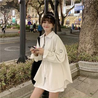 Áo khoác sơ mi nhung tay in mặt cười dễ thương giá sỉ