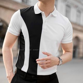 THUN PHỐI MÀU TRẮNG ĐEN NAM CỔ TRỤ TAY NGẮN