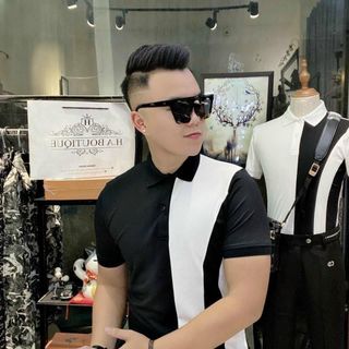 THUN PHỐI MÀU TRẮNG ĐEN NAM CỔ TRỤ TAY NGẮN
