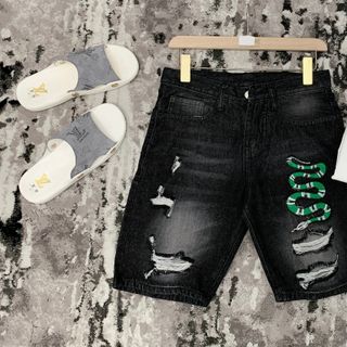 Quần short jean nam cao cấp thêu logo khóa kéo